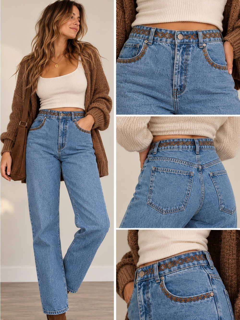 Vintage 90s Super High Rise Embroidered Waist & Pocket Straight 31” Leg Jeans